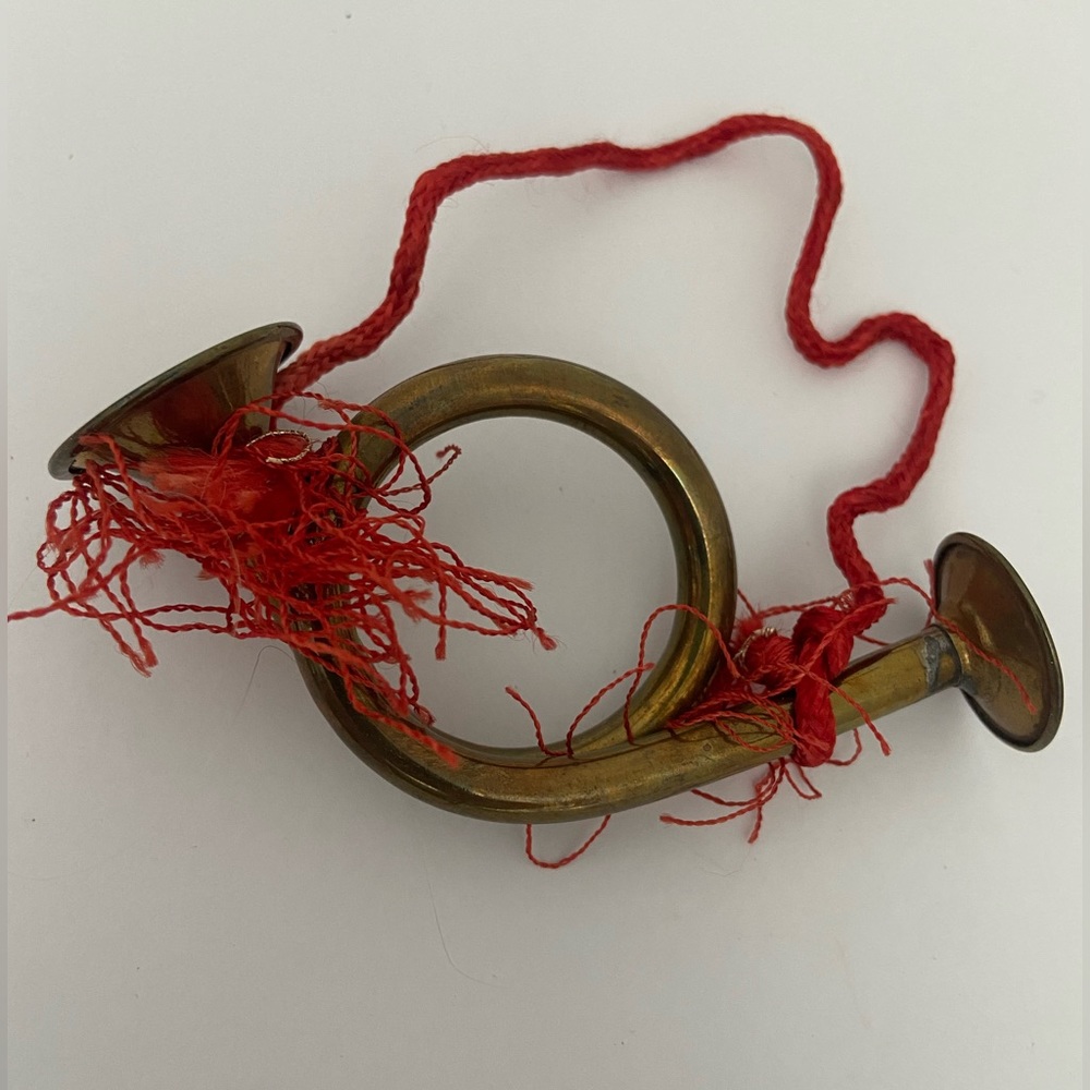 Vintage mini Brass Horn With Red Cord Vintage Christmas Ornament Holiday Decor